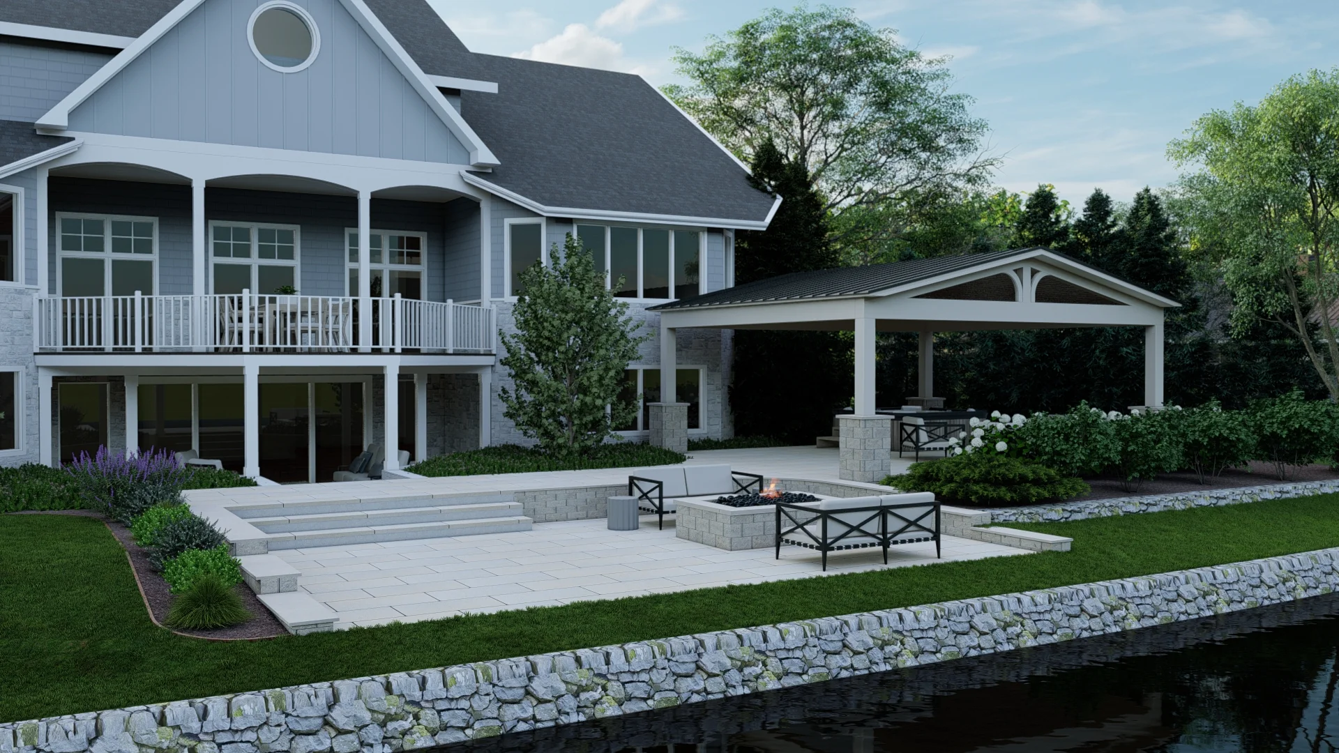 Rendering of a detached covered structure, paver patio, gas fire pit, retaining wall, and lake view in Fishers, IN.