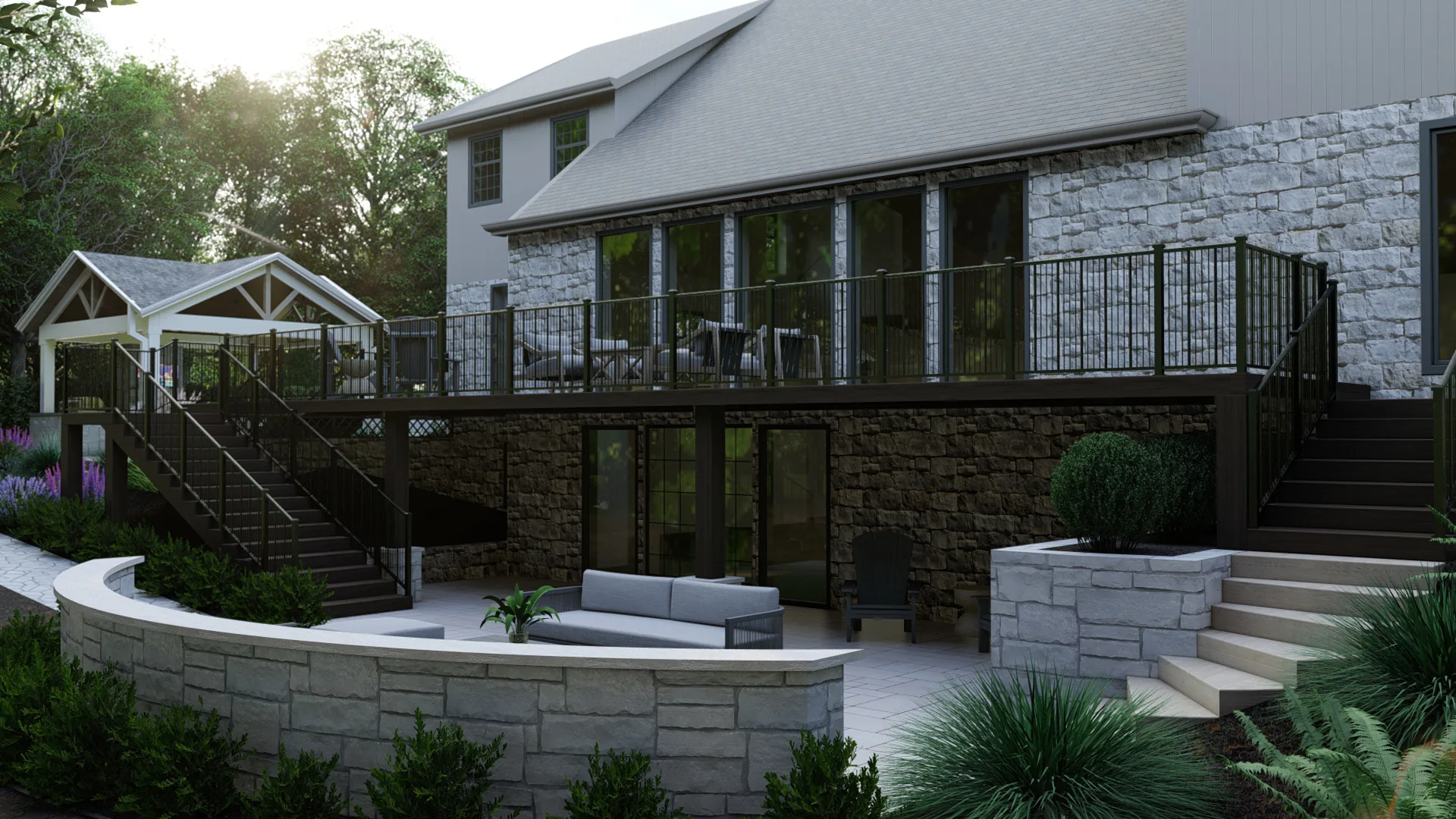 Rendering of a backyard redesign with elevated deck, stone facade, curved seat wall, and paver patio lounge.
