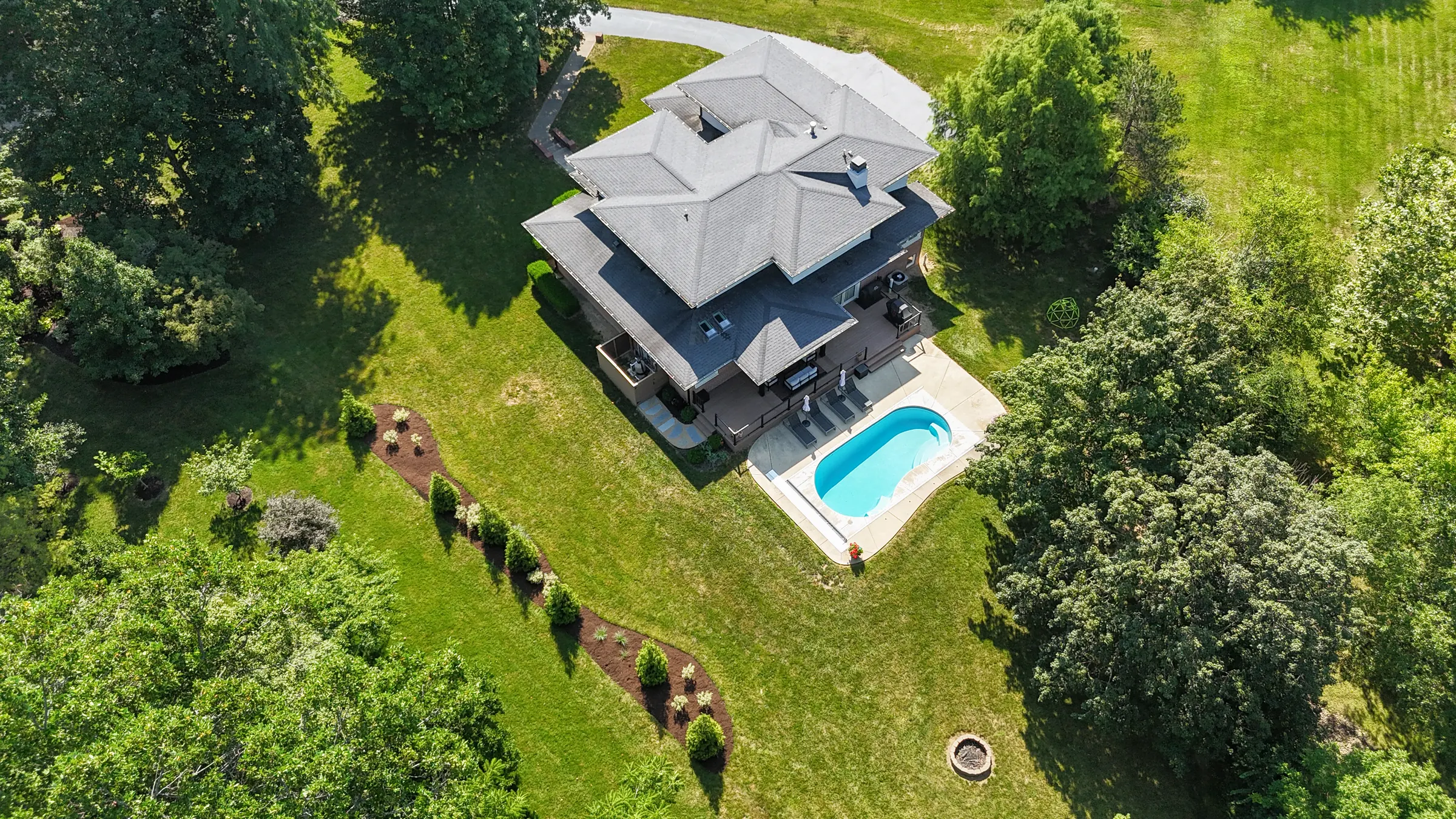 Aerial view composite deck with cable railing in Indianapolis.