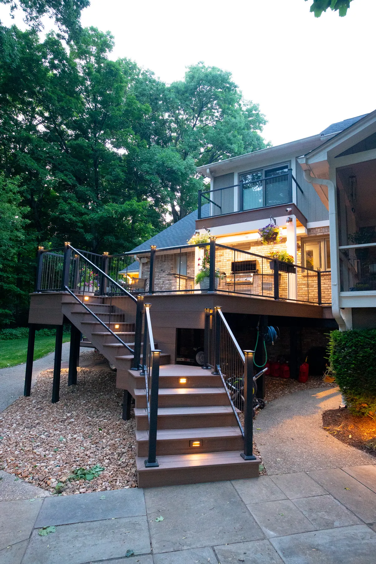 Advanced PVC stairs railing geist in Fishers, cedar built-in seating.