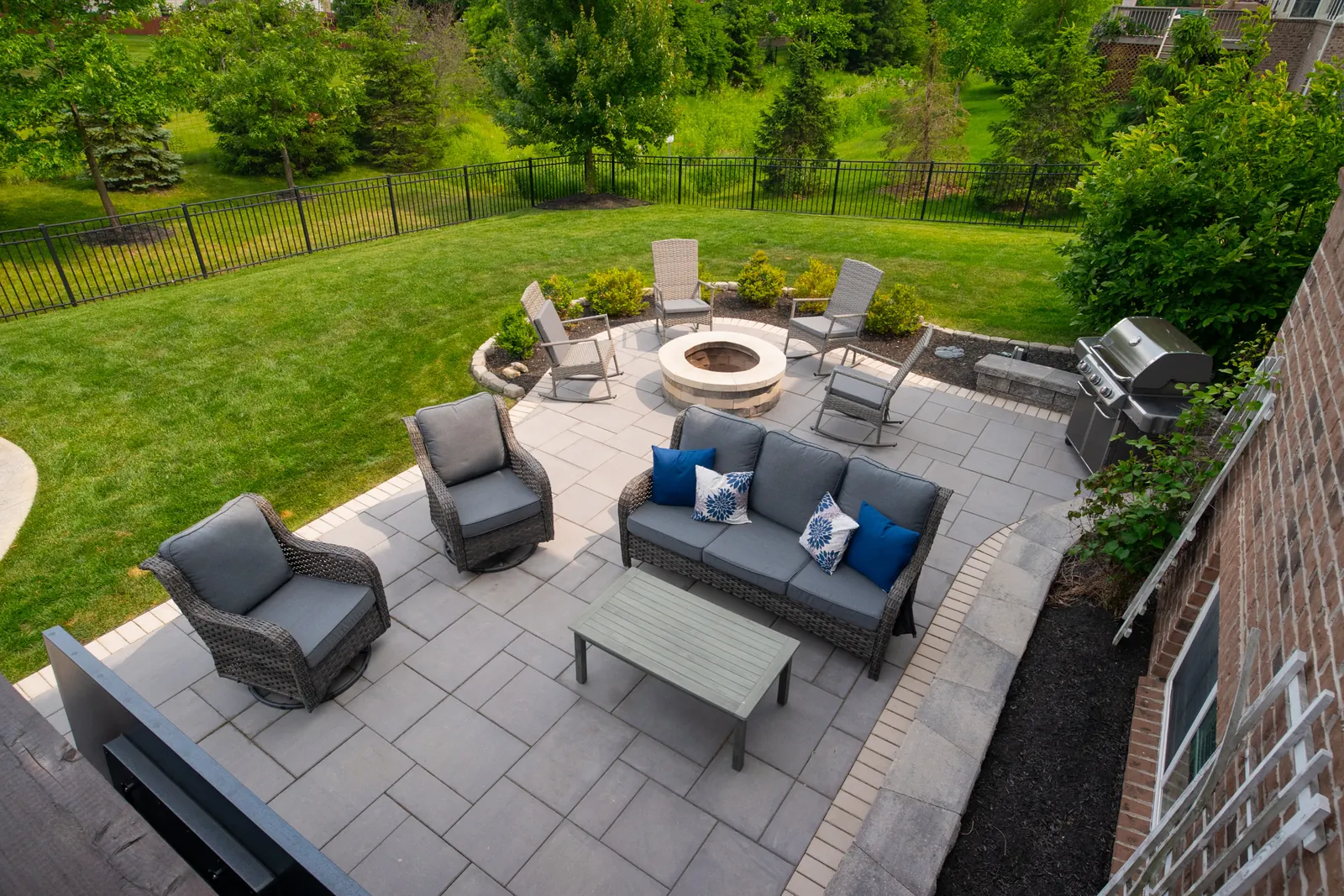 Top view paver patio firepit in Carmel.