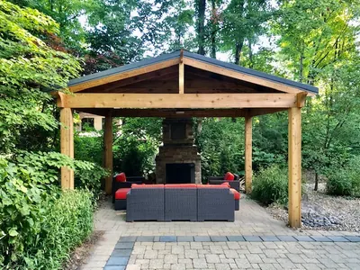 Outdoor detached structure fire place lounge in Fishers.