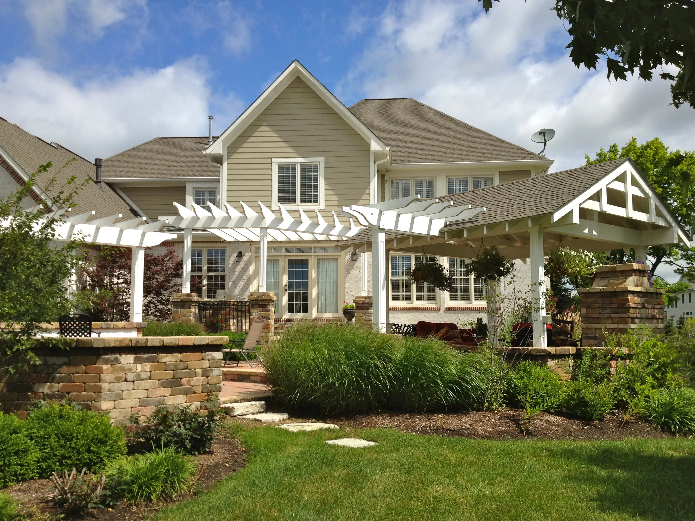 Pergola outdoor structure with fireplace in Carmel.